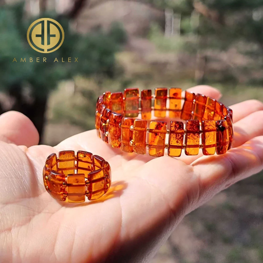 Cognac Amber Rectangular Beads Stretch Bracelet
