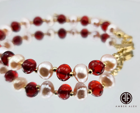 Red Amber & Pearls Baroque Beads Bracelet 14k Gold Plated