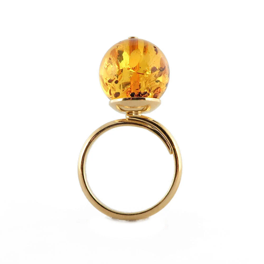 Cognac Amber Round Bead Ring 14K Gold Plated