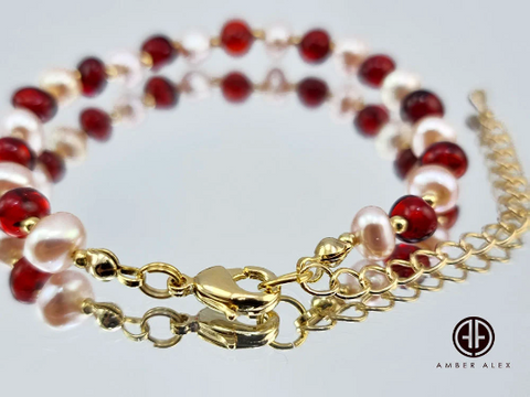 Red Amber & Pearls Baroque Beads Bracelet 14k Gold Plated