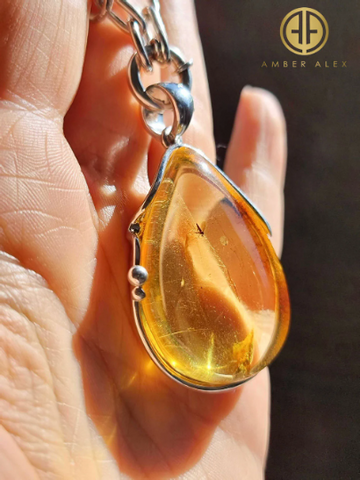 Lemon Amber Drop Shape Pendant Sterling Silver With Insect