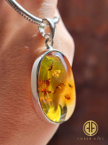 Natural Amber Free Shape Pendant Sterling Silver With Insect