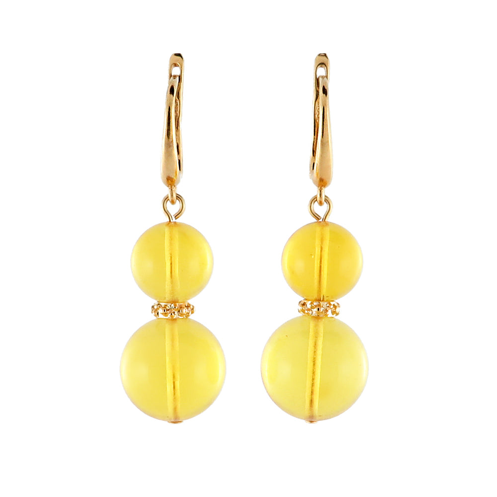 Lemon Amber Round Dangle Earrings 14K Gold Plated - Amber Alex Jewelry