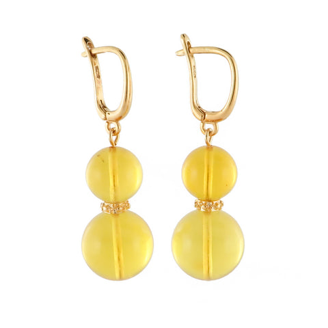 Lemon Amber Round Dangle Earrings 14K Gold Plated - Amber Alex Jewelry