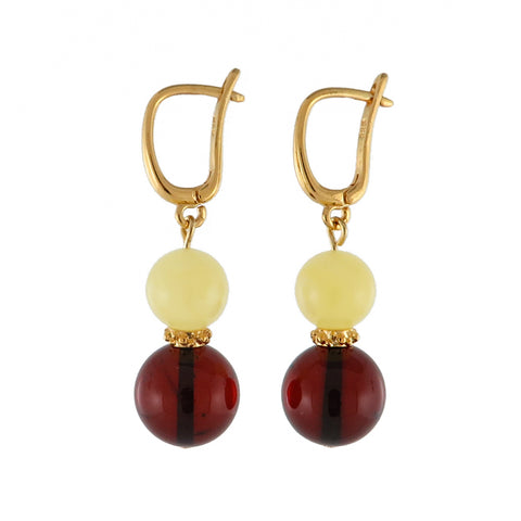 Milky and Cherry Amber Round Dangle Earrings 14K Gold Plated - Amber Alex Jewelry