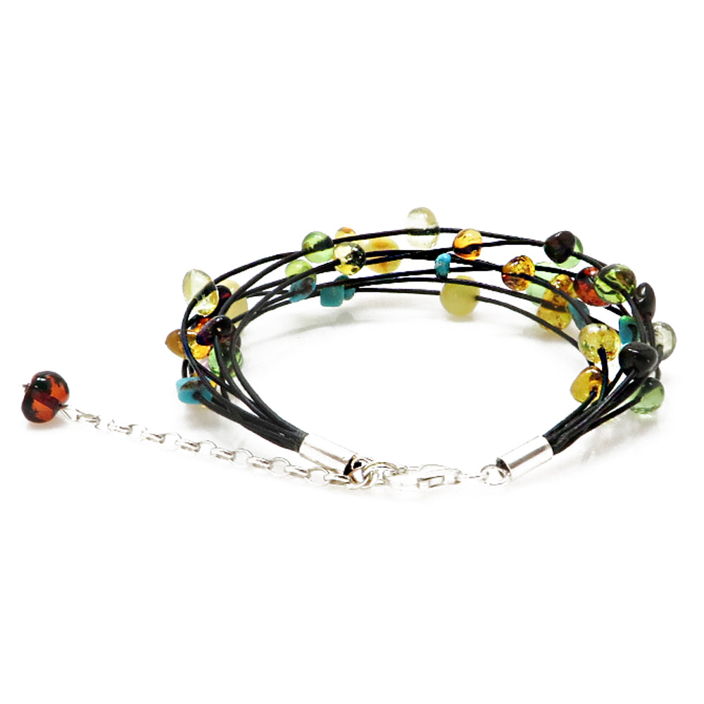 Multi-Color Amber & Turquoise Leather Bracelet - Amber Alex Jewelry