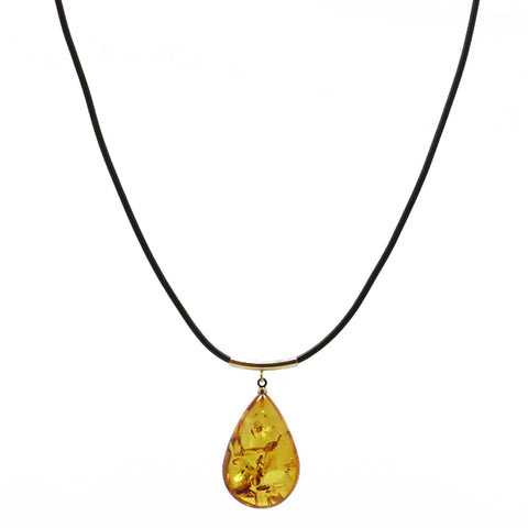 Cognac Amber Drop Pendant & Leather Necklace - Amber Alex Jewelry