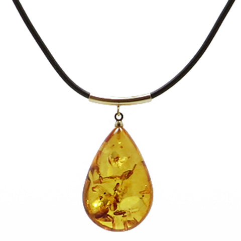 Cognac Amber Drop Pendant & Leather Necklace - Amber Alex Jewelry