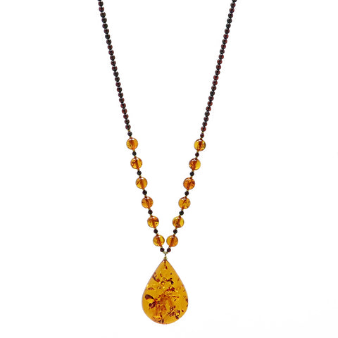 Cognac Amber Drop Pendant Beaded Necklace - Amber Alex Jewelry