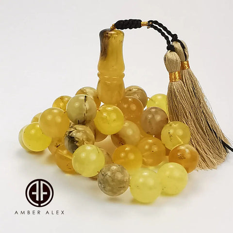 Yellow With Fossil Amber Round Shape 18mm Islamic Prayer Beads