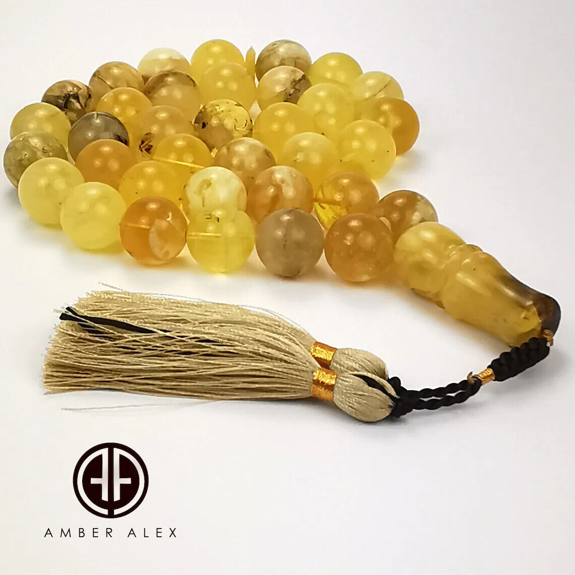 Yellow With Fossil Amber Round Shape 18mm Islamic Prayer Beads