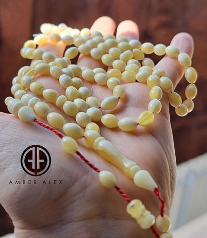 White With Yellow Amber Olive Shape 6.5 mm Islamic Prayer Beads