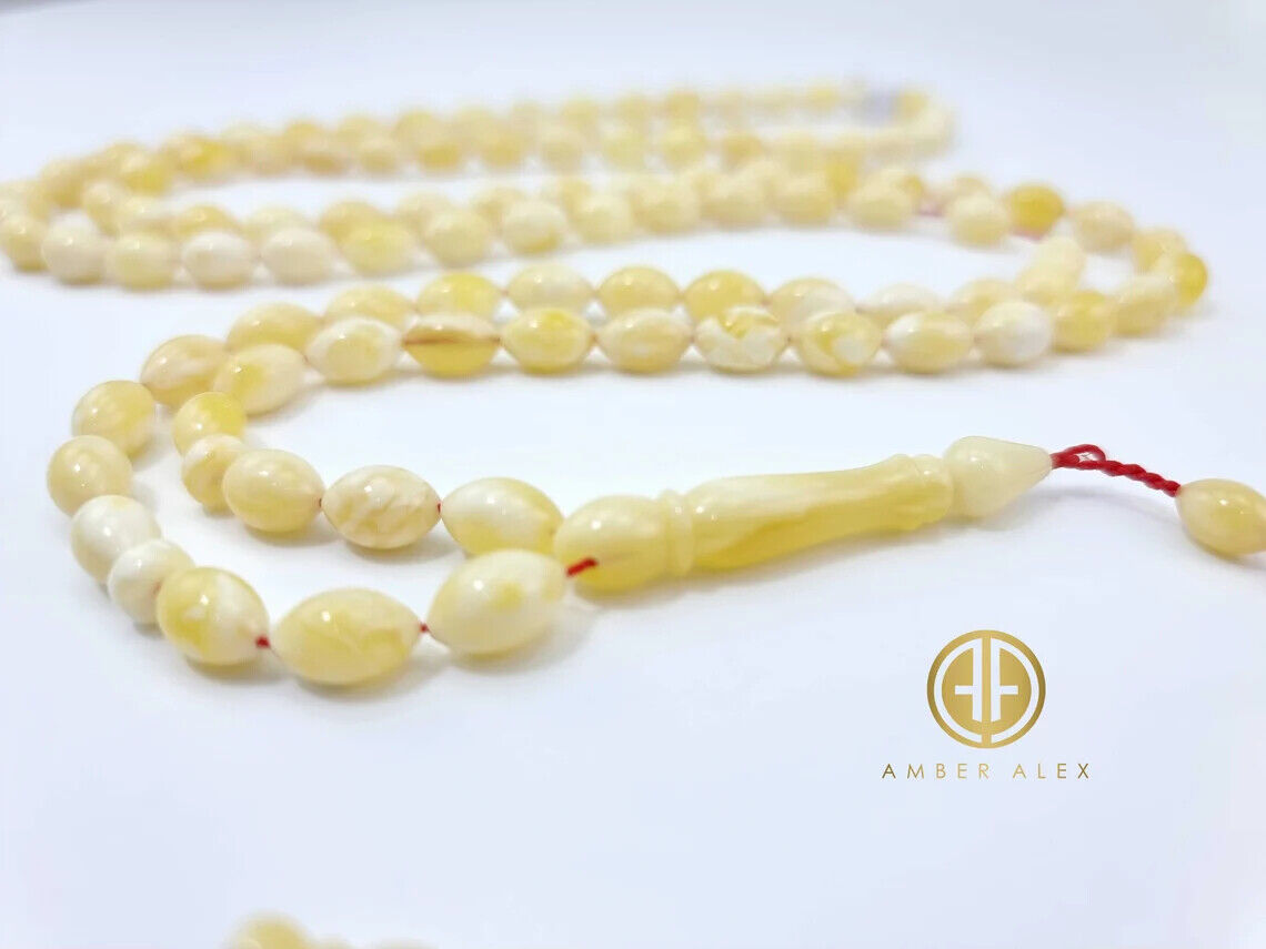 White With Yellow Amber Olive Shape 6.5 mm Islamic Prayer Beads