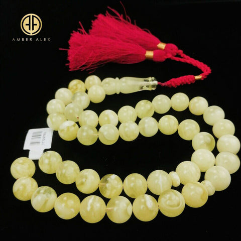 Yellow With White Amber Round Shape 11mm Islamic Prayer Beads