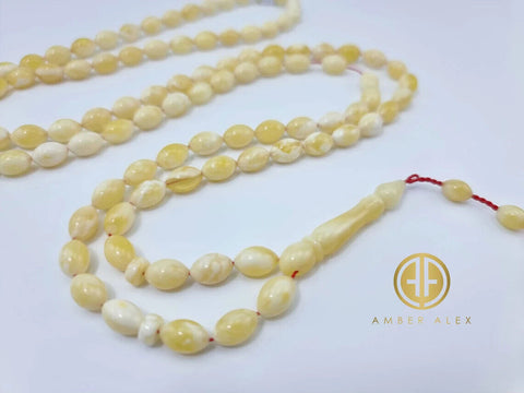 White With Yellow Amber Olive Shape 6.5 mm Islamic Prayer Beads