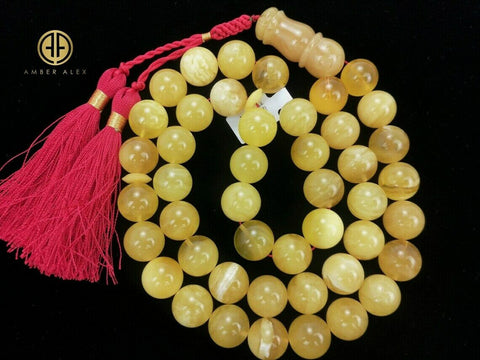 Yellow With White Amber Round Shape 15mm Islamic Prayer Beads